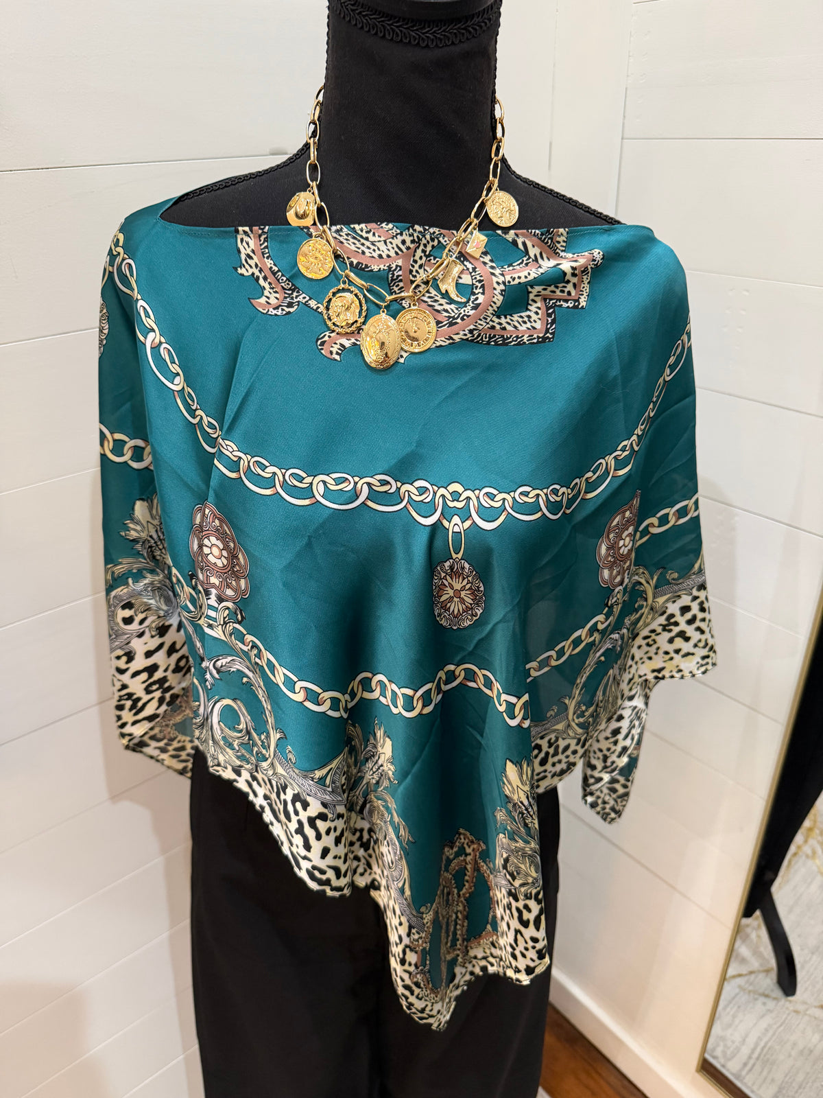 Silk Poncho - Teal With Leopard And Chains