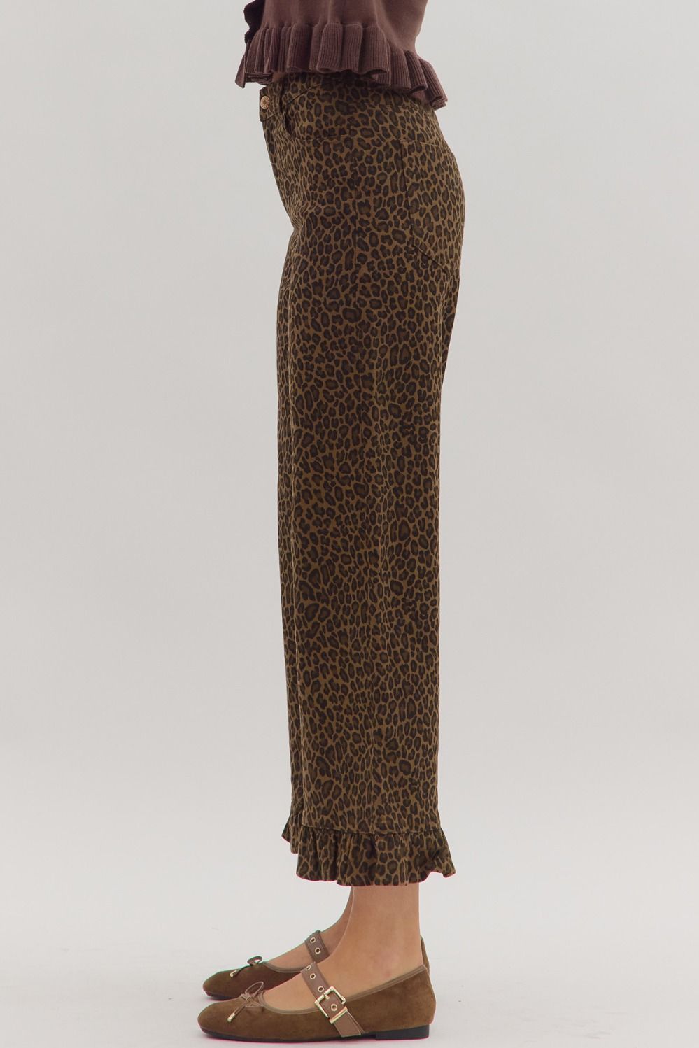 Animal Print Wide Leg Ruffle Trim Pants