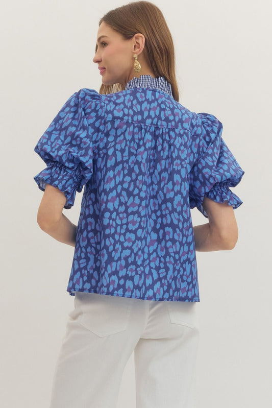 Leopard Print Puff Sleeve Top- Blue