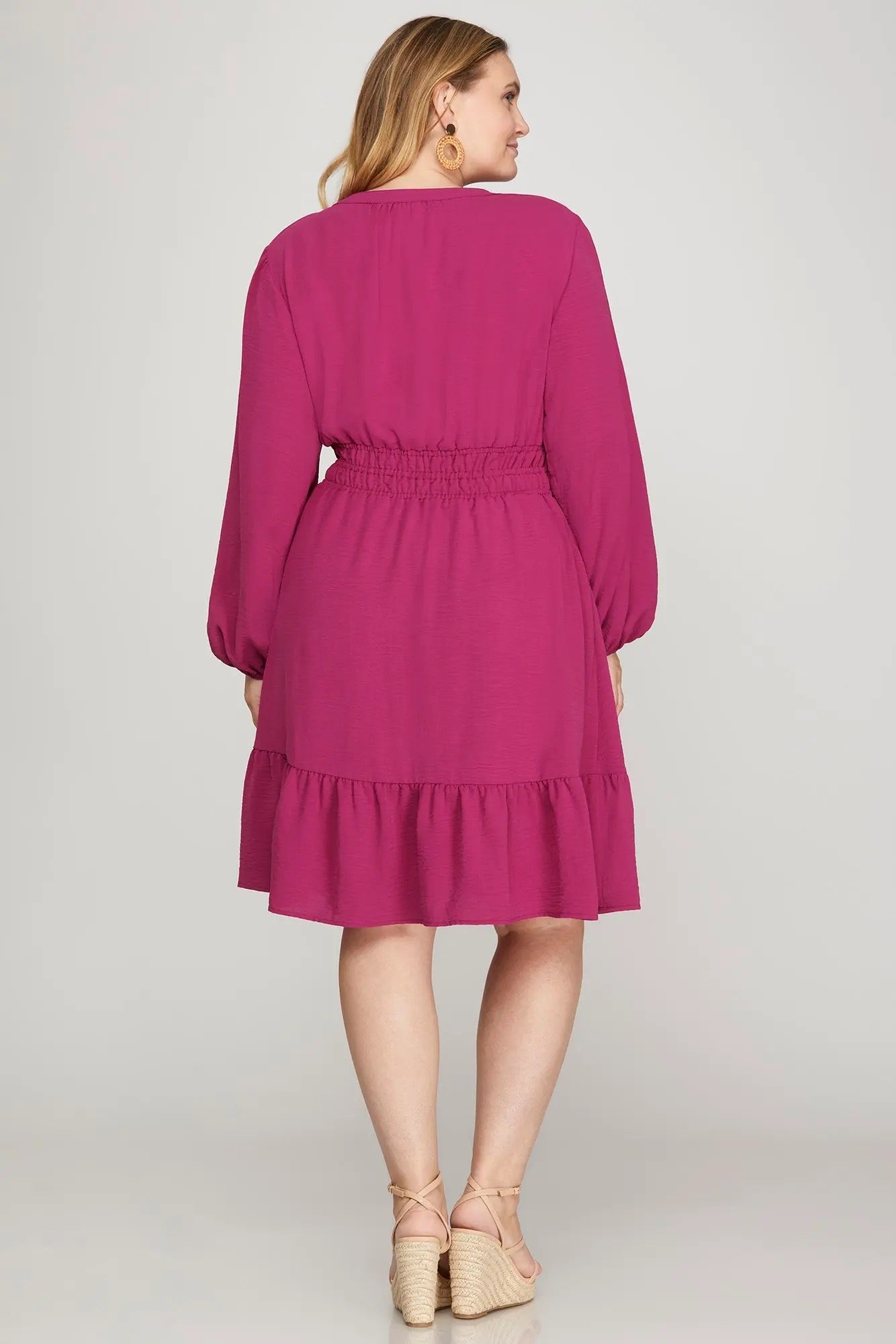 Long Sleeve Elastic Waist Ruffle Hem Dress - Berry