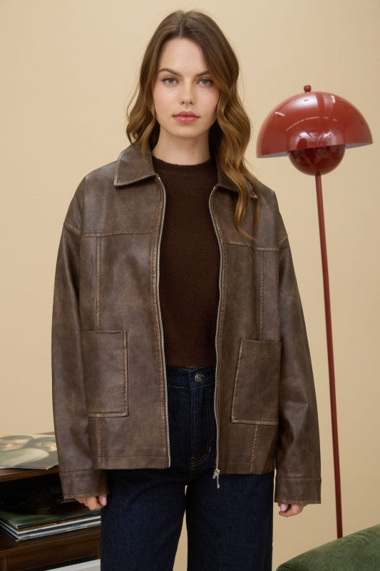 Faux Leather Collared Zip Up Jacket