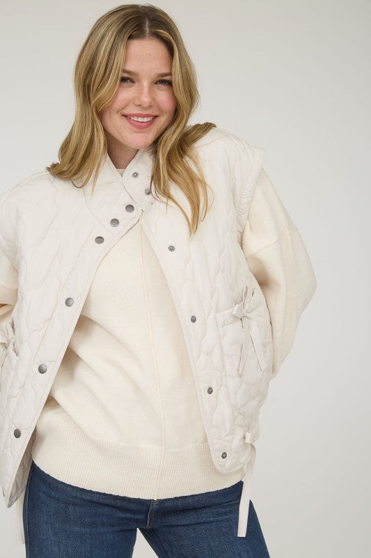 Quilted Puffer Vest With Bow Details - Champagne