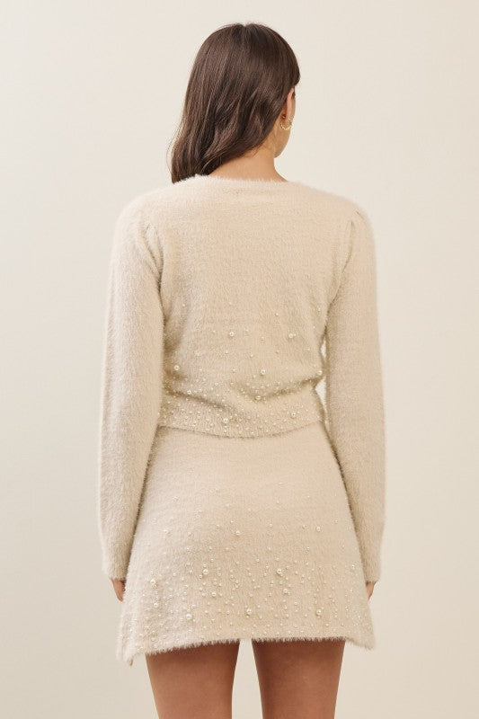 Pearl Detail Cardigan Sweater And Skirt Set - Sand