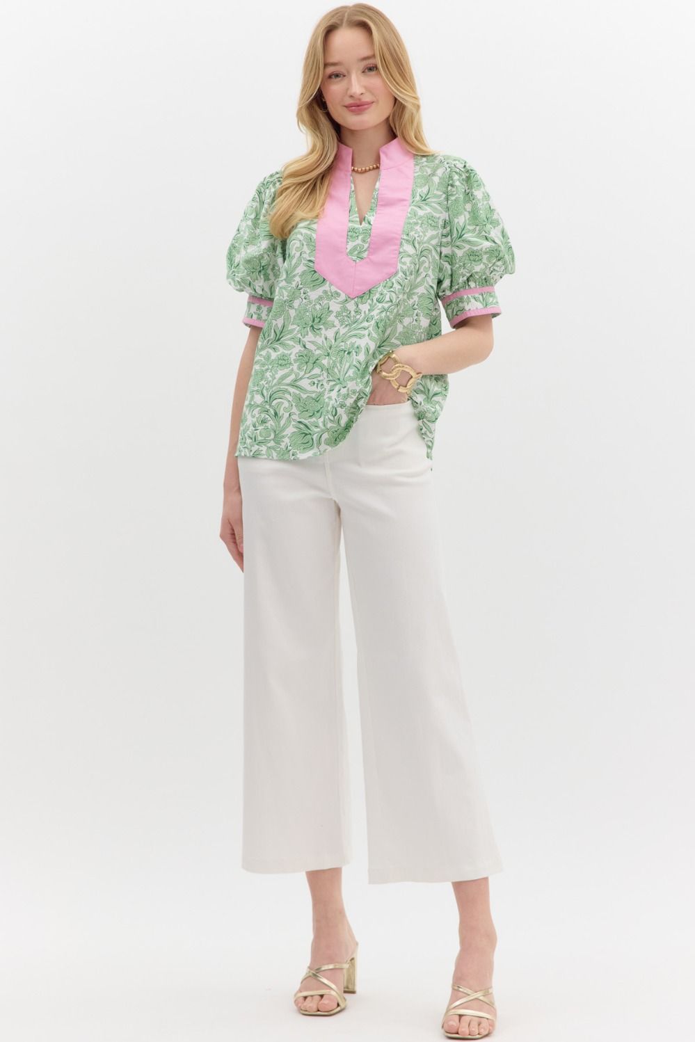 Grandmillennial Puff Sleeve Top - Pink/Green