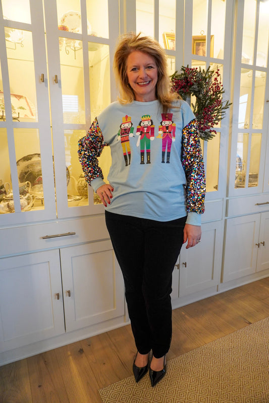 Multicolor Sequin Long Sleeve Light Blue Nutcracker Top