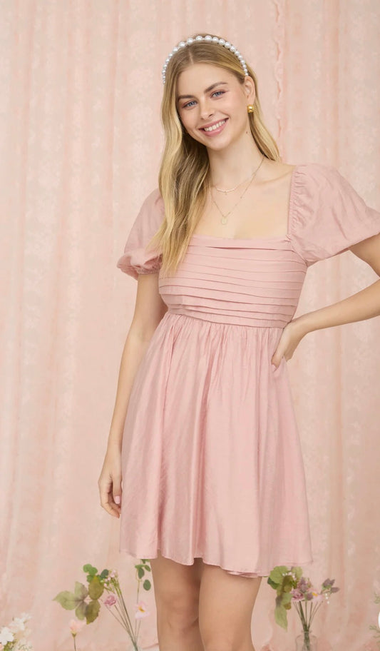 Pleated Top Puff Sleeve Mini Dress - Dusty Peach
