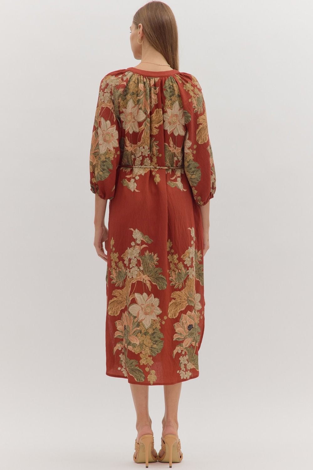 Rust Floral Midi Dress With Waist Tie