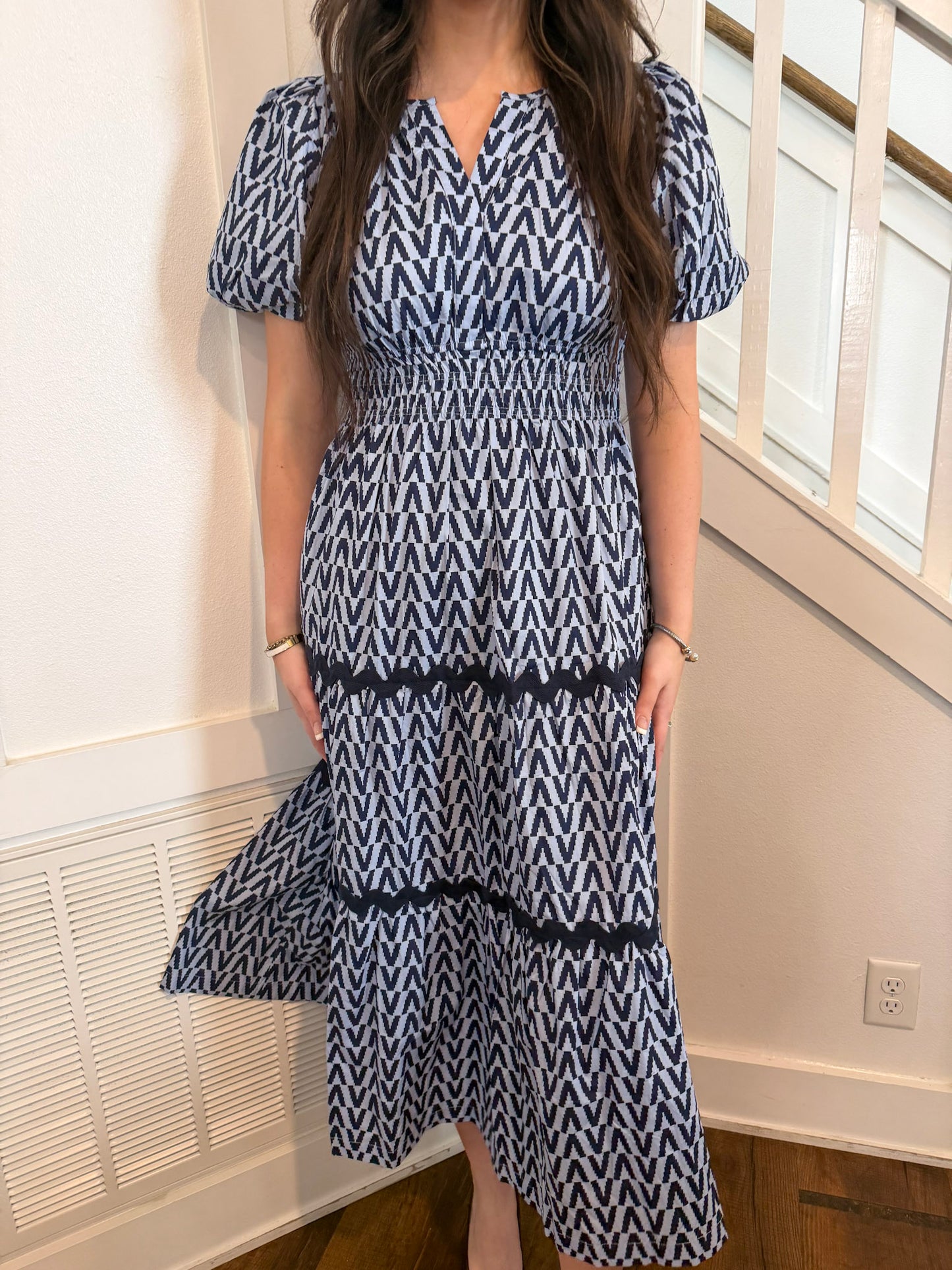 Navy/Blue Printed Puff Sleeve Midi Dress