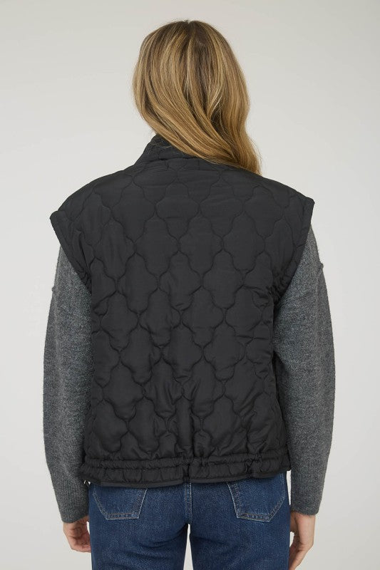 Quilted Puffer Vest With Bow Details - Black