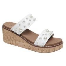 Pierre Dumas Pearl Studded Wedge Sandal - White