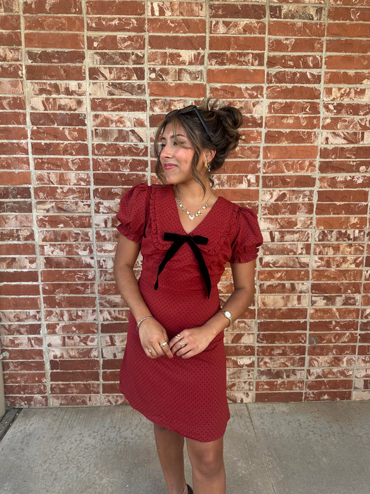 Polka Dot Collared Mini Dress - Red