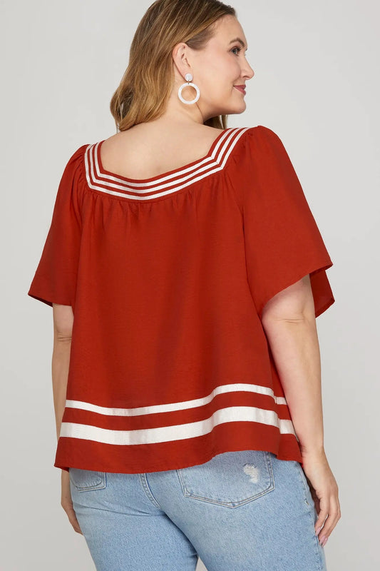 Short Sleeve Contrast Stripe Flared Top