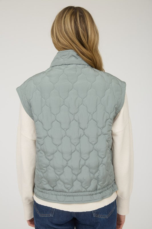 Quilted Puffer Vest With Bow Details - Sage