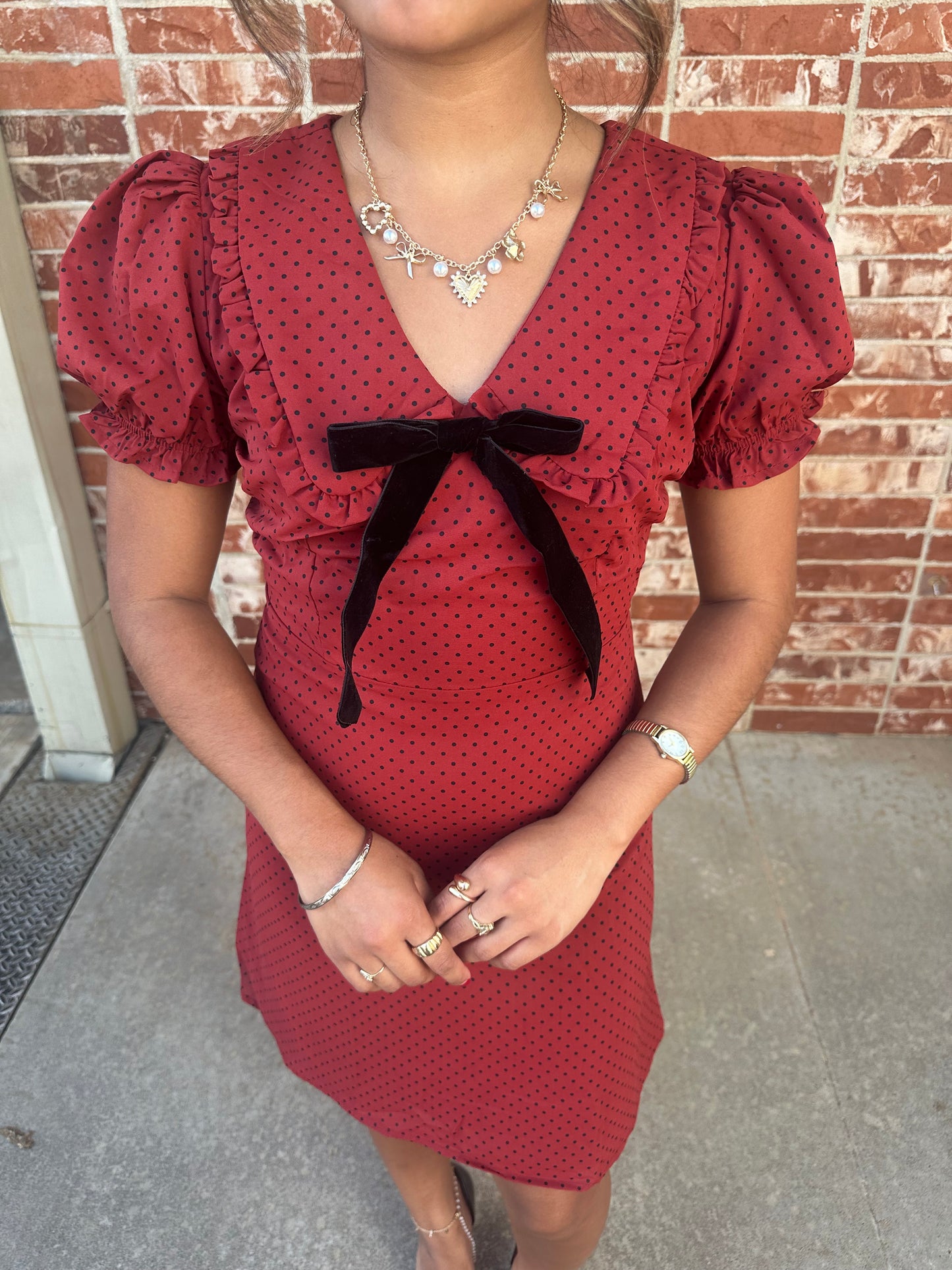 Polka Dot Collared Mini Dress - Red