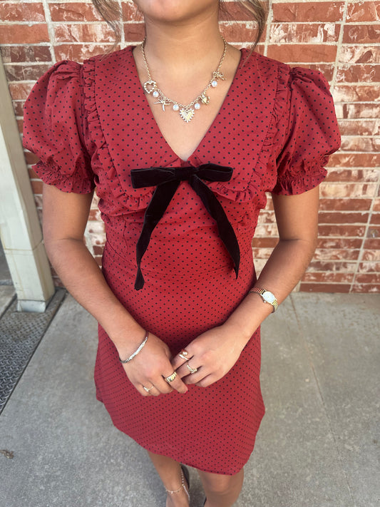 Polka Dot Collared Mini Dress - Red