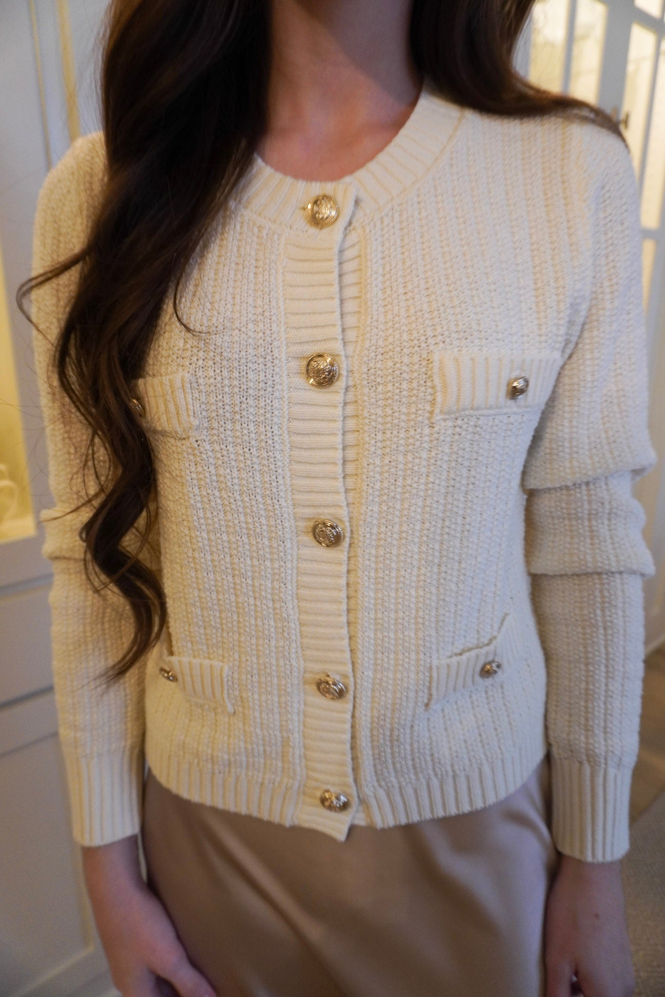 Old Money Long Sleeve Button Down Sweater - Cream