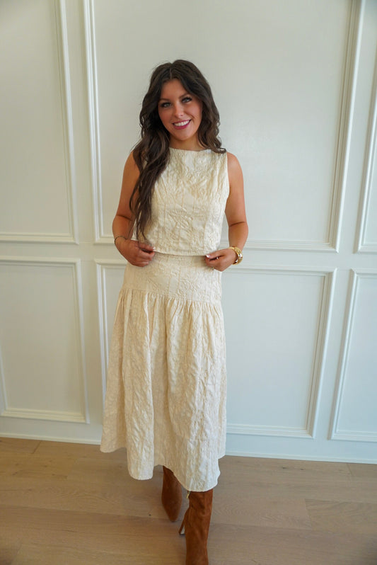 Floral Embroidery Detail Cream Top and Skirt 2-Piece Set