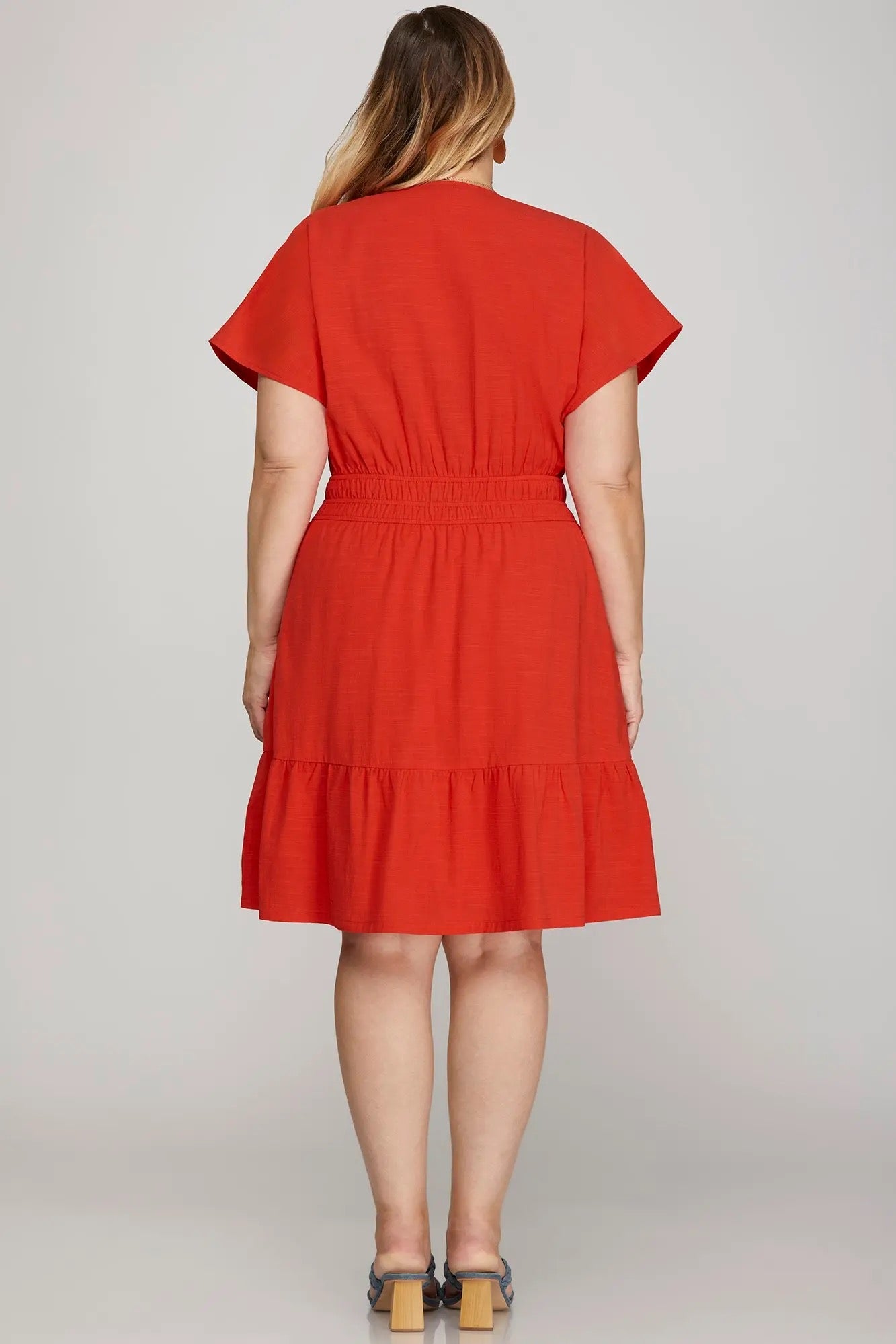 Smocked Waist Tiered Mini Dress - Red