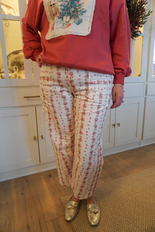 Floral Printed Corduroy Waist Tie Detail Pants