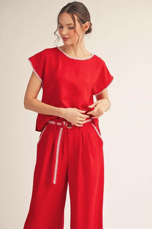 Red Pant Set With White Scallop Embroidery Trim