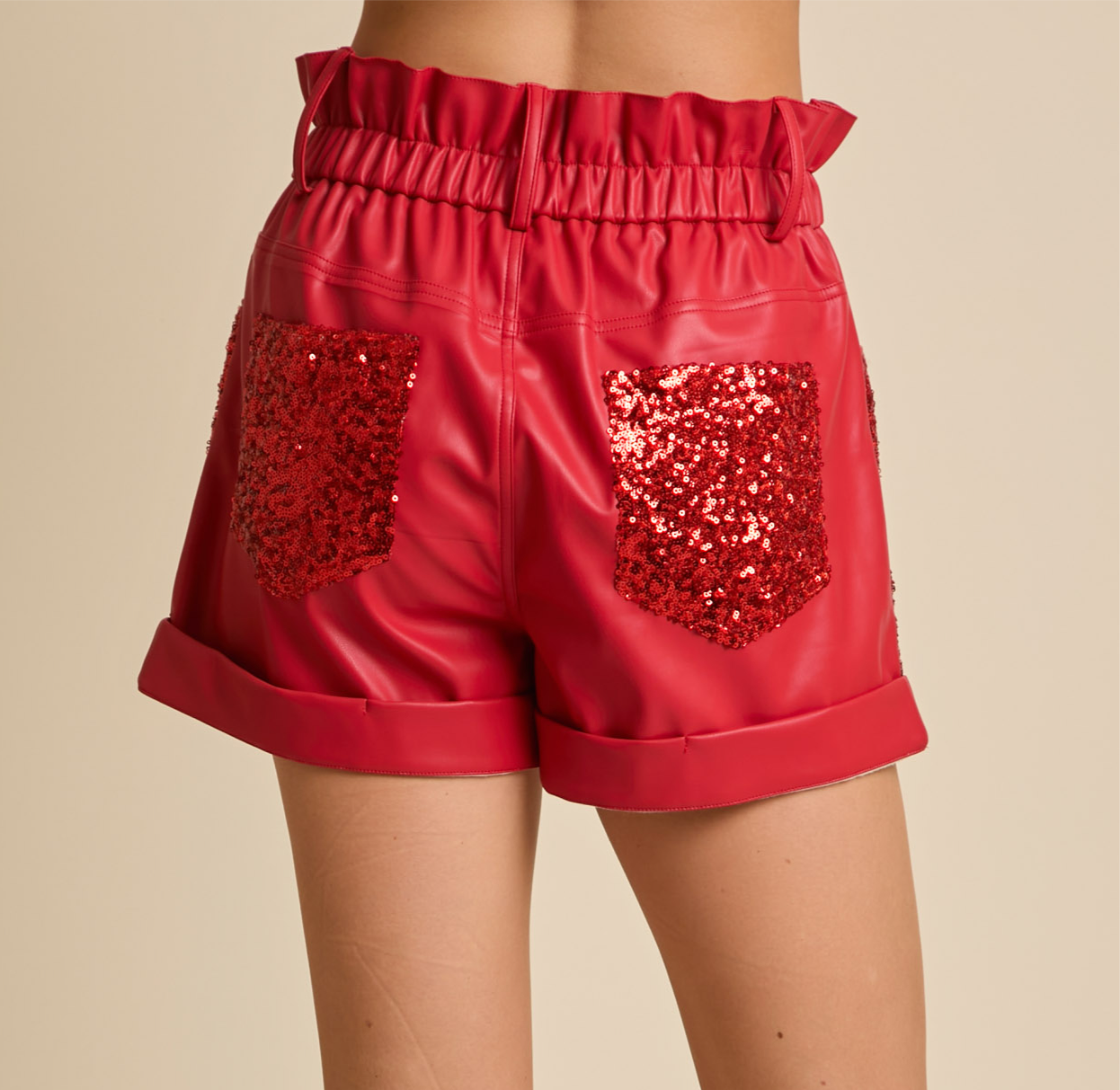 Red Leather and Sequin Paper Bag Shorts