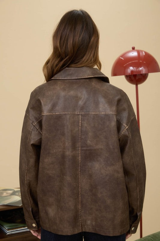 Faux Leather Collared Zip Up Jacket