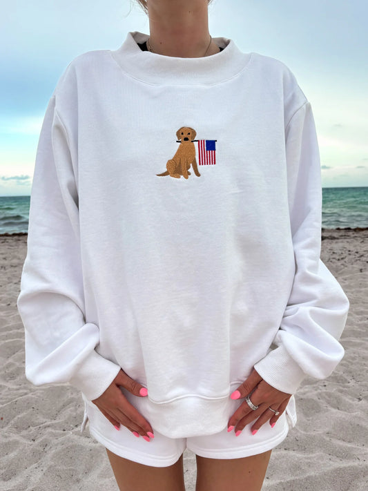 American Flag & Dog Embroider Mockneck White Sweatshirt