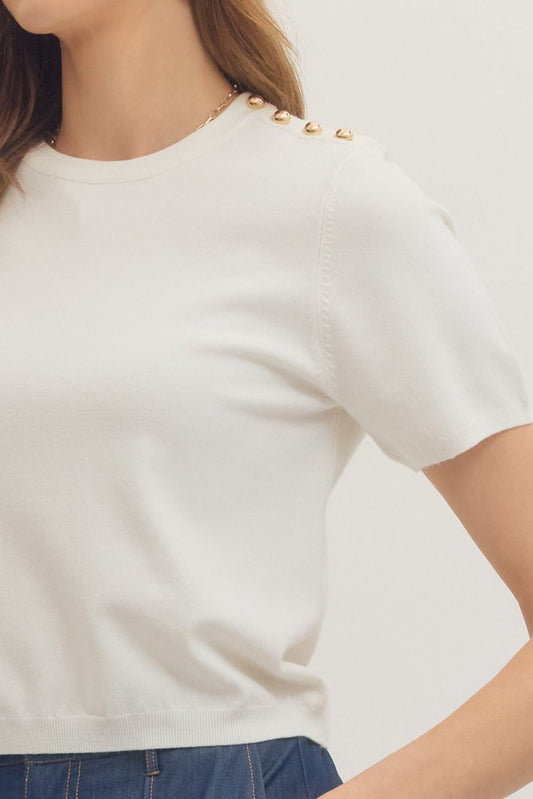 Button Detail Shoulder Knit Top - Off White