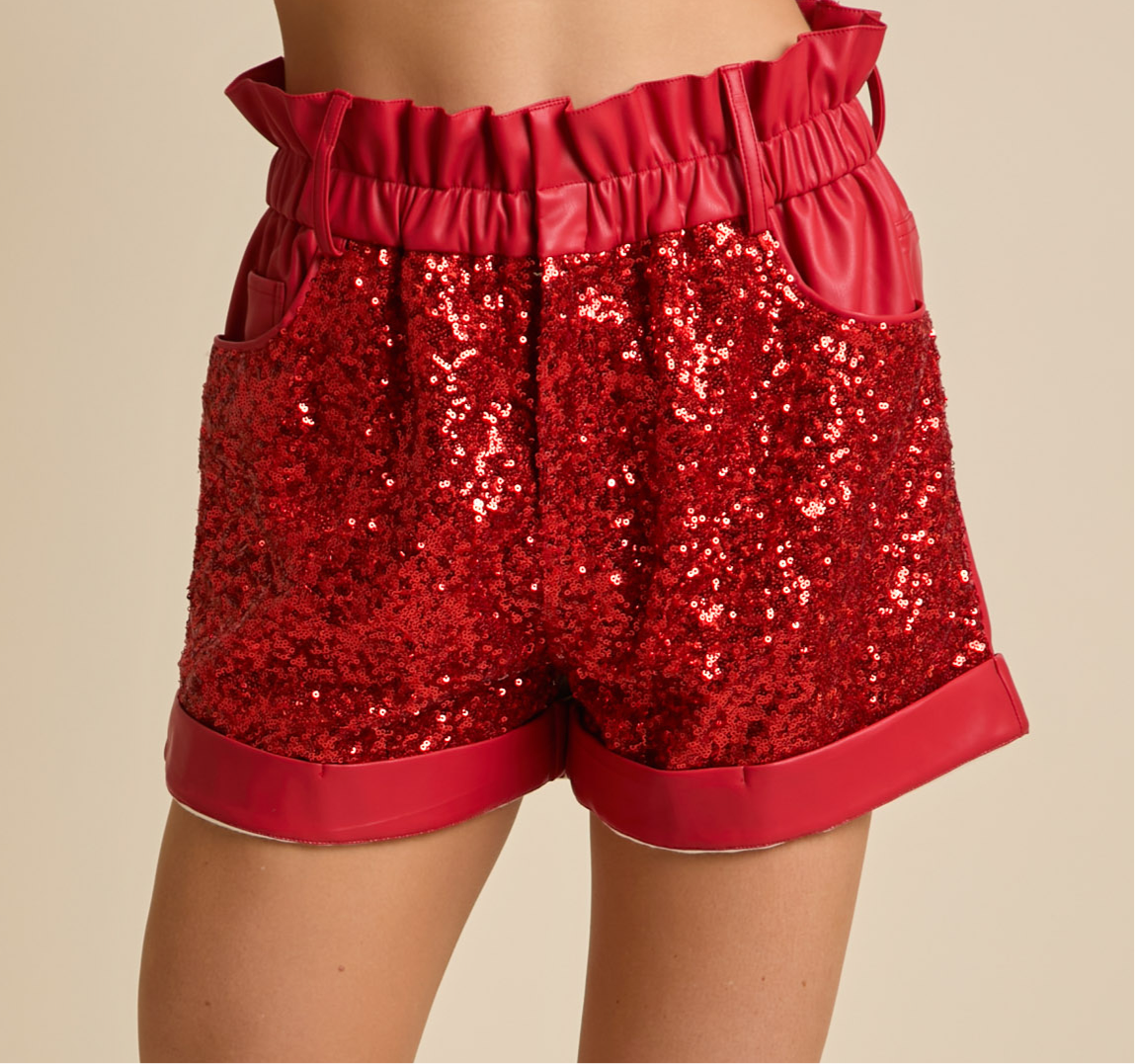 Red Leather and Sequin Paper Bag Shorts