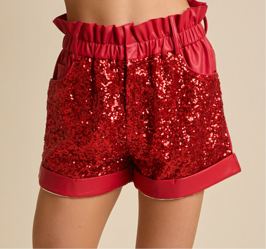 Red Leather and Sequin Paper Bag Shorts