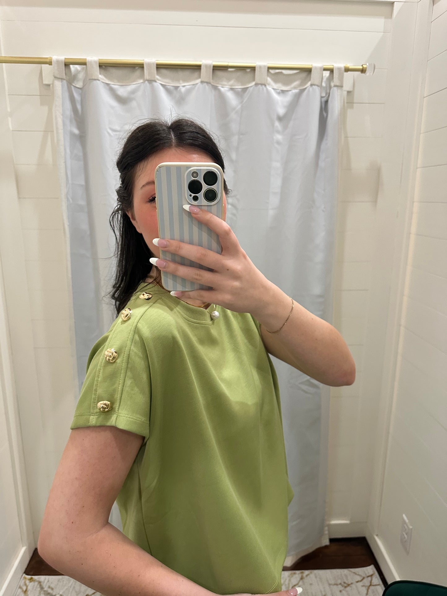 Shoulder Button Detail Knit Top - Matcha