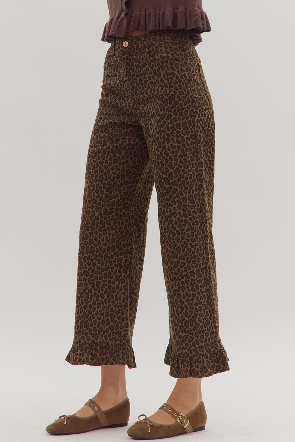 Animal Print Wide Leg Ruffle Trim Pants