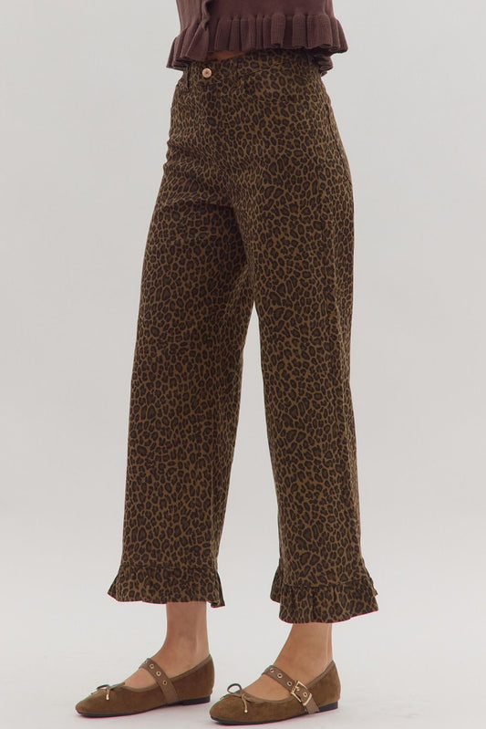 Animal Print Wide Leg Ruffle Trim Pants