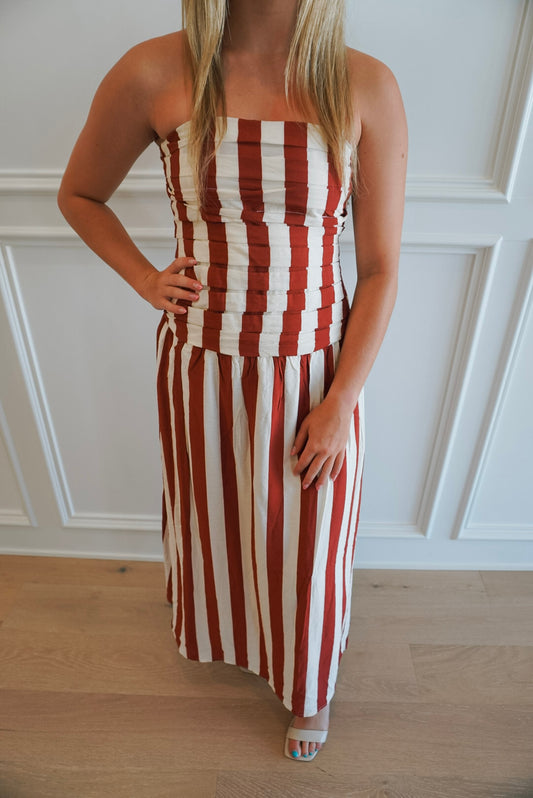 Anchor Up Vertical Stripe Drop Waist Strapless Midi Dress - Red