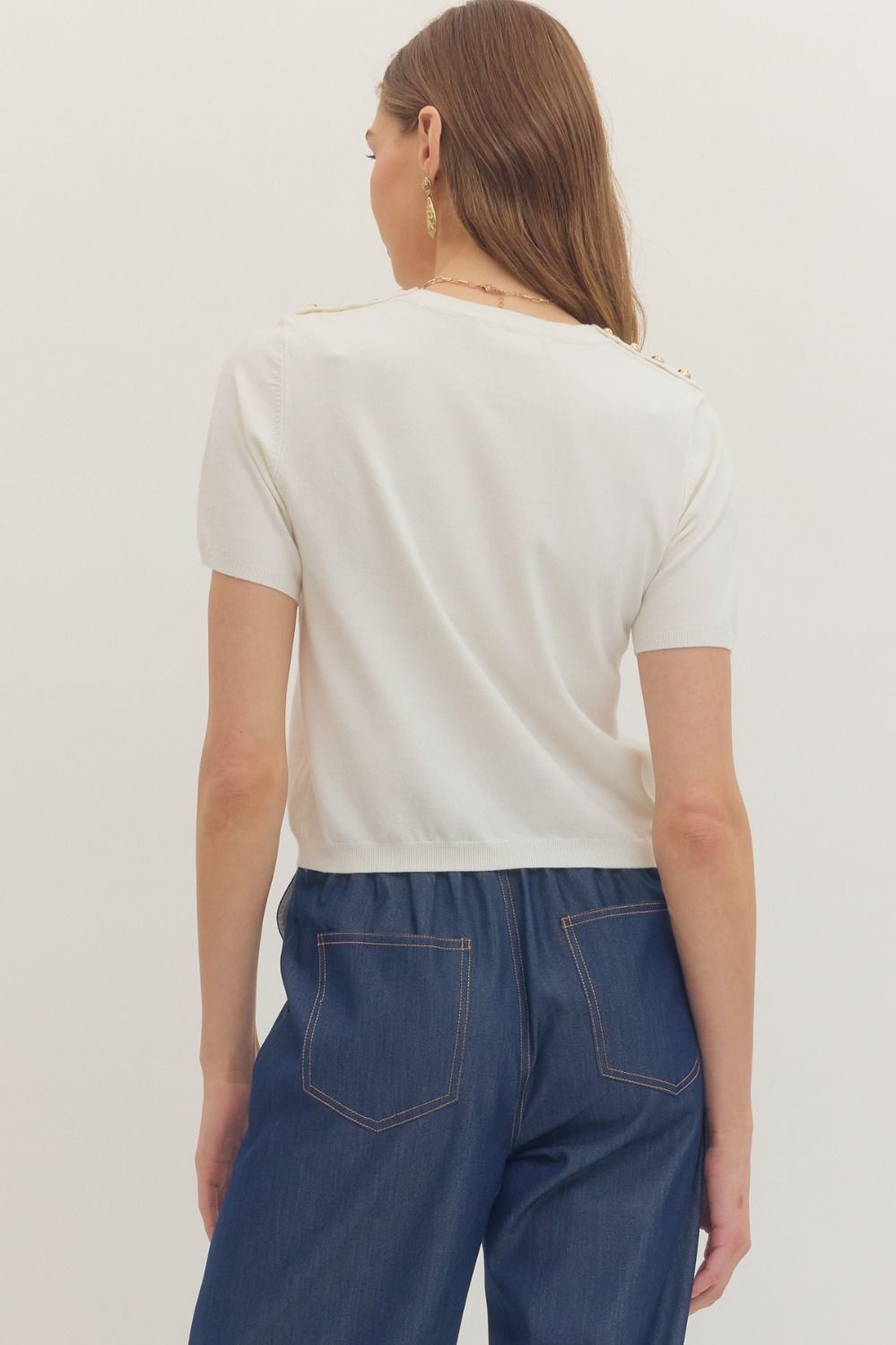Button Detail Shoulder Knit Top - Off White