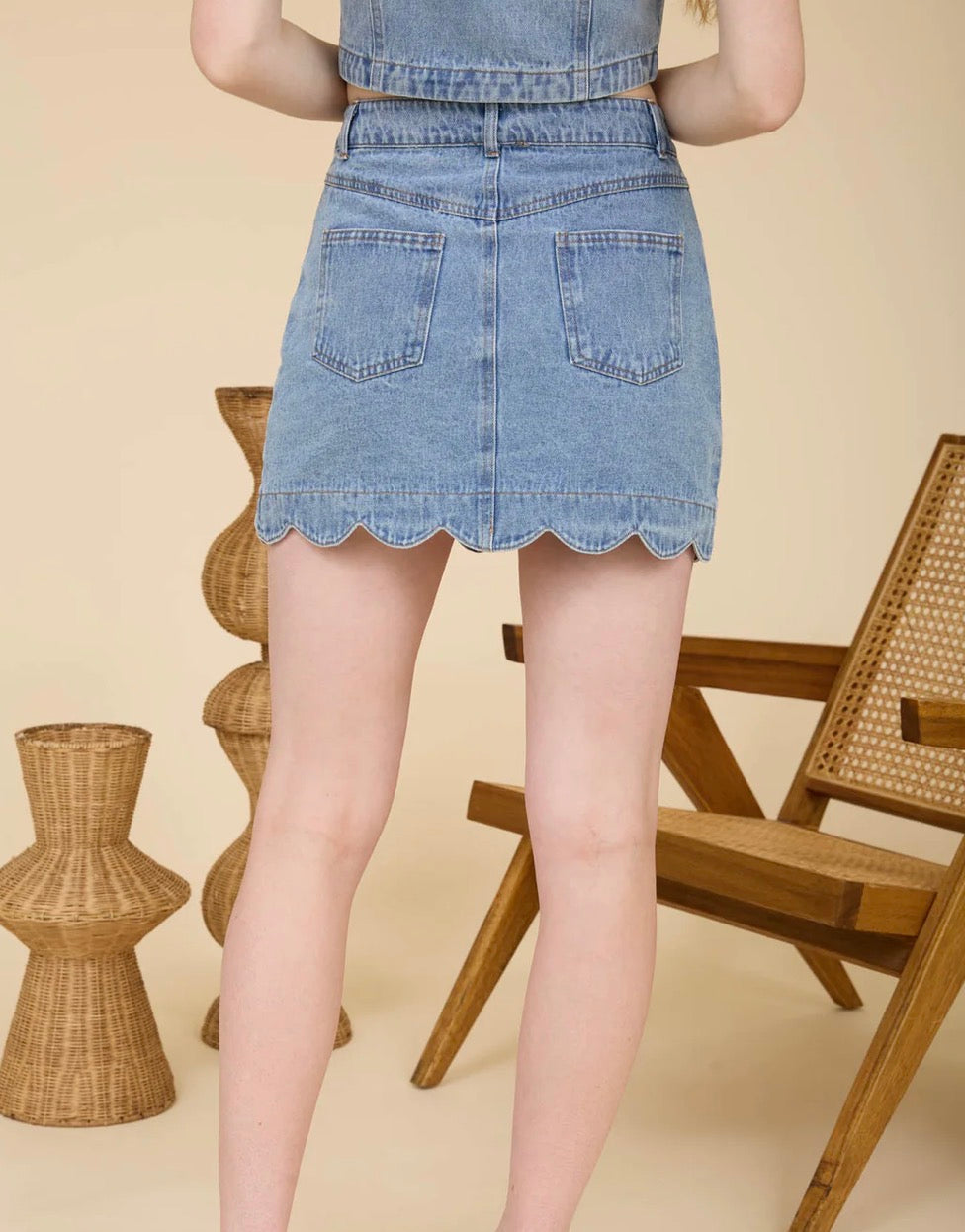 Denim Scallop Trim Skirt Set