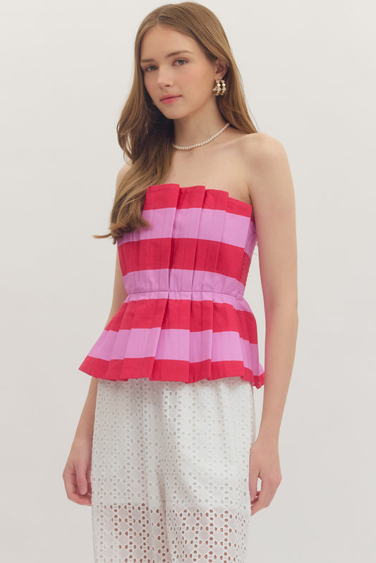 Strapless Pleated Striped Top - Pink/Red