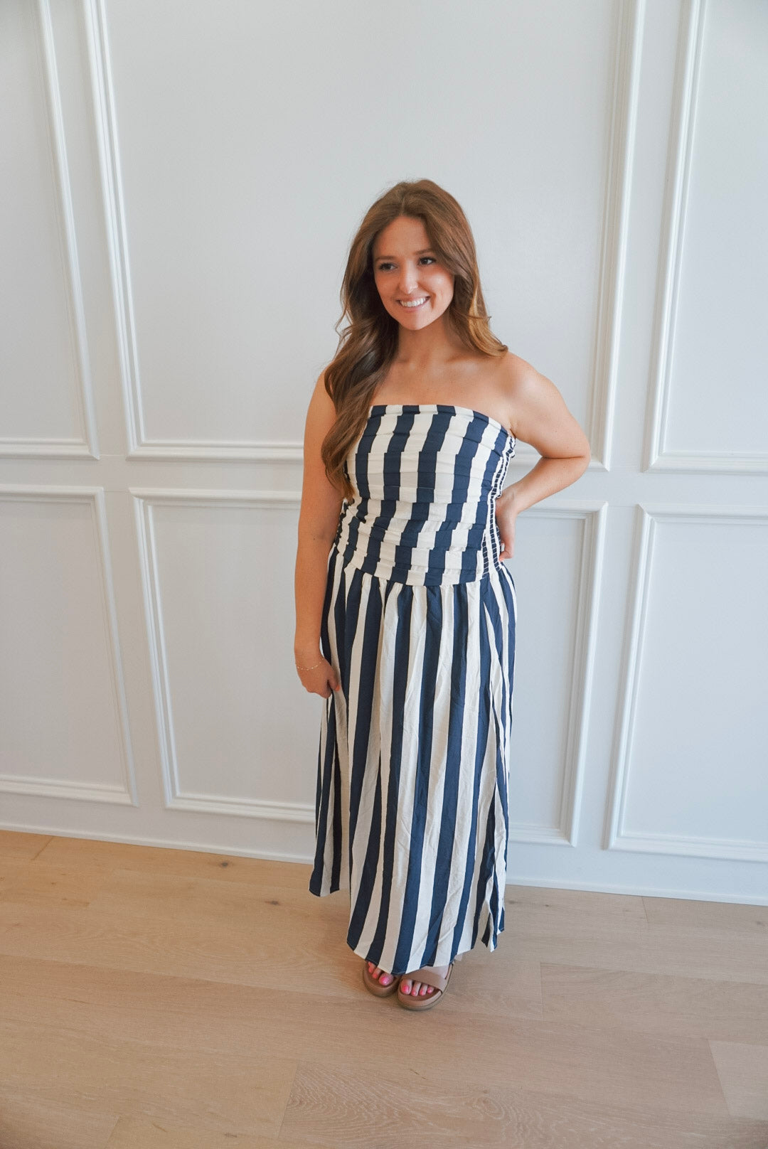 Anchor Up Vertical Stripe Drop Waist Strapless Midi Dress - Navy Medium Anchor Up Vertical Stripe Drop Waist Strapless Midi Dress - Navy Medium