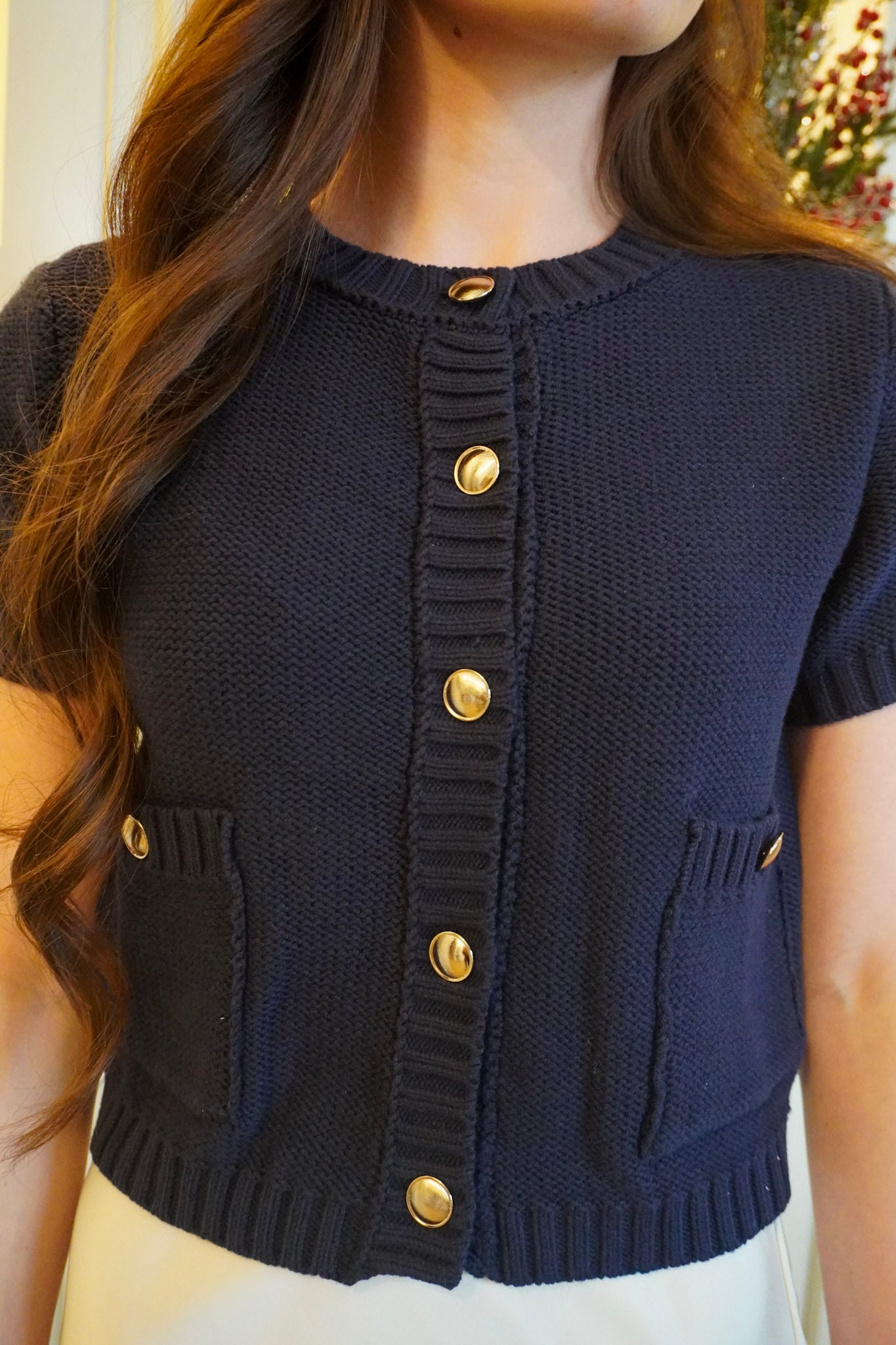 Old Money Navy Cropped Button Down Knit Top