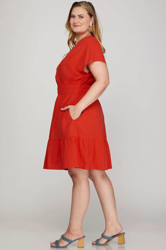 Smocked Waist Tiered Mini Dress - Red