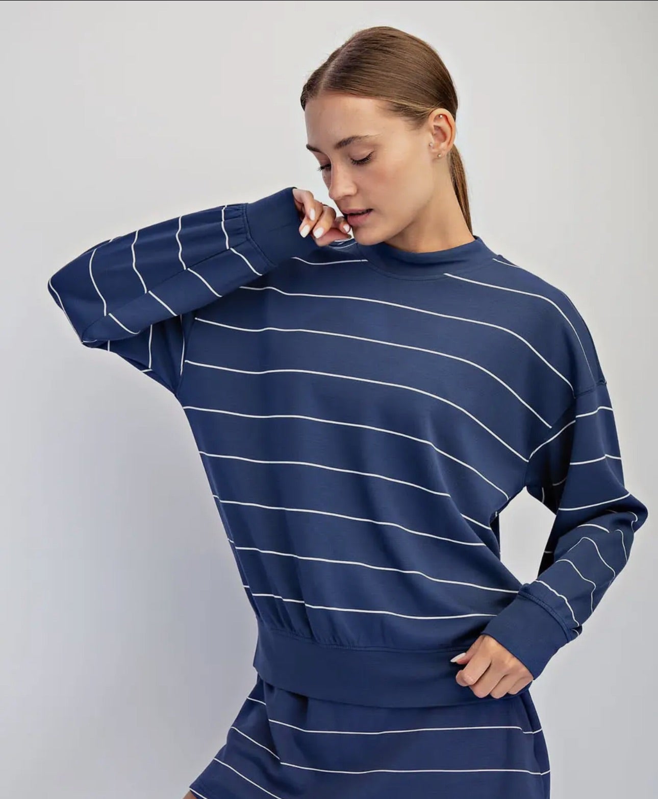 Striped Scuba Long Sleeve And Shorts Set - Navy/White