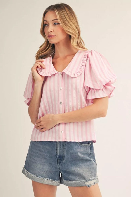 Pink Striped Peter Pan Collar Babydoll Top