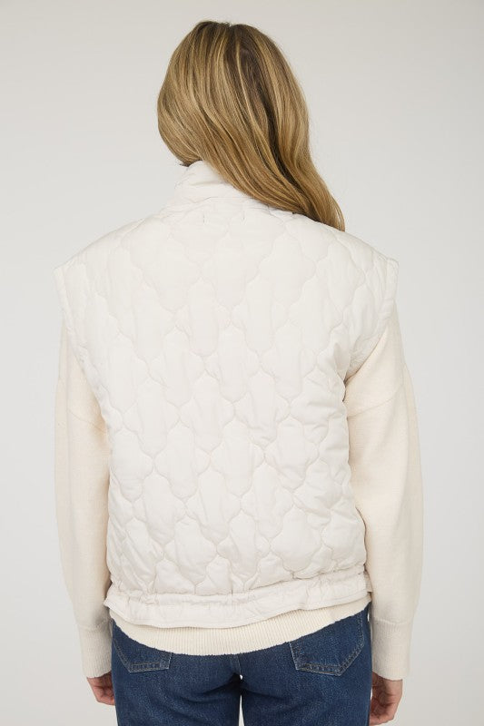 Quilted Puffer Vest With Bow Details - Champagne