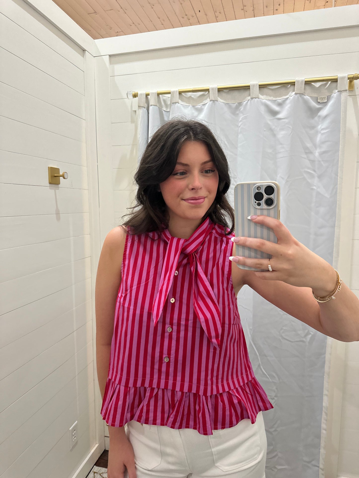 Striped Sleeveless Neck Tie top - Pink/Red