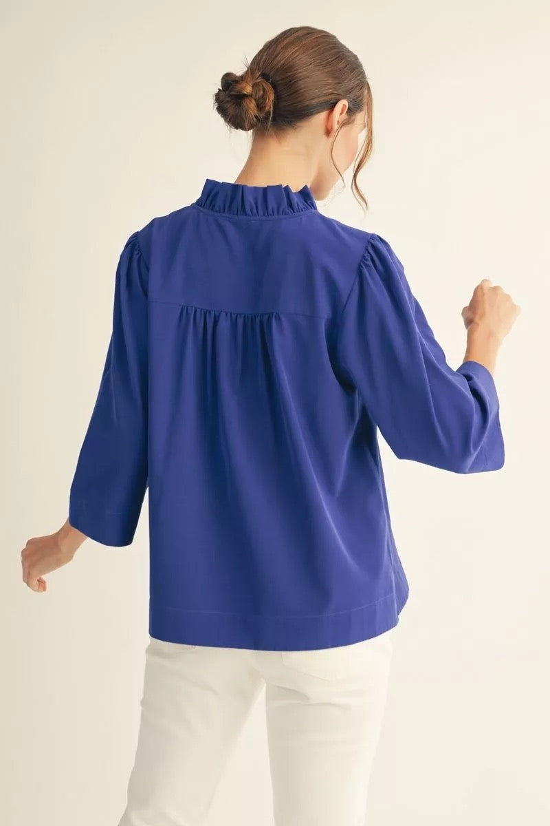 Royal Blue Ruffle Neck 3/4 Sleeve Top