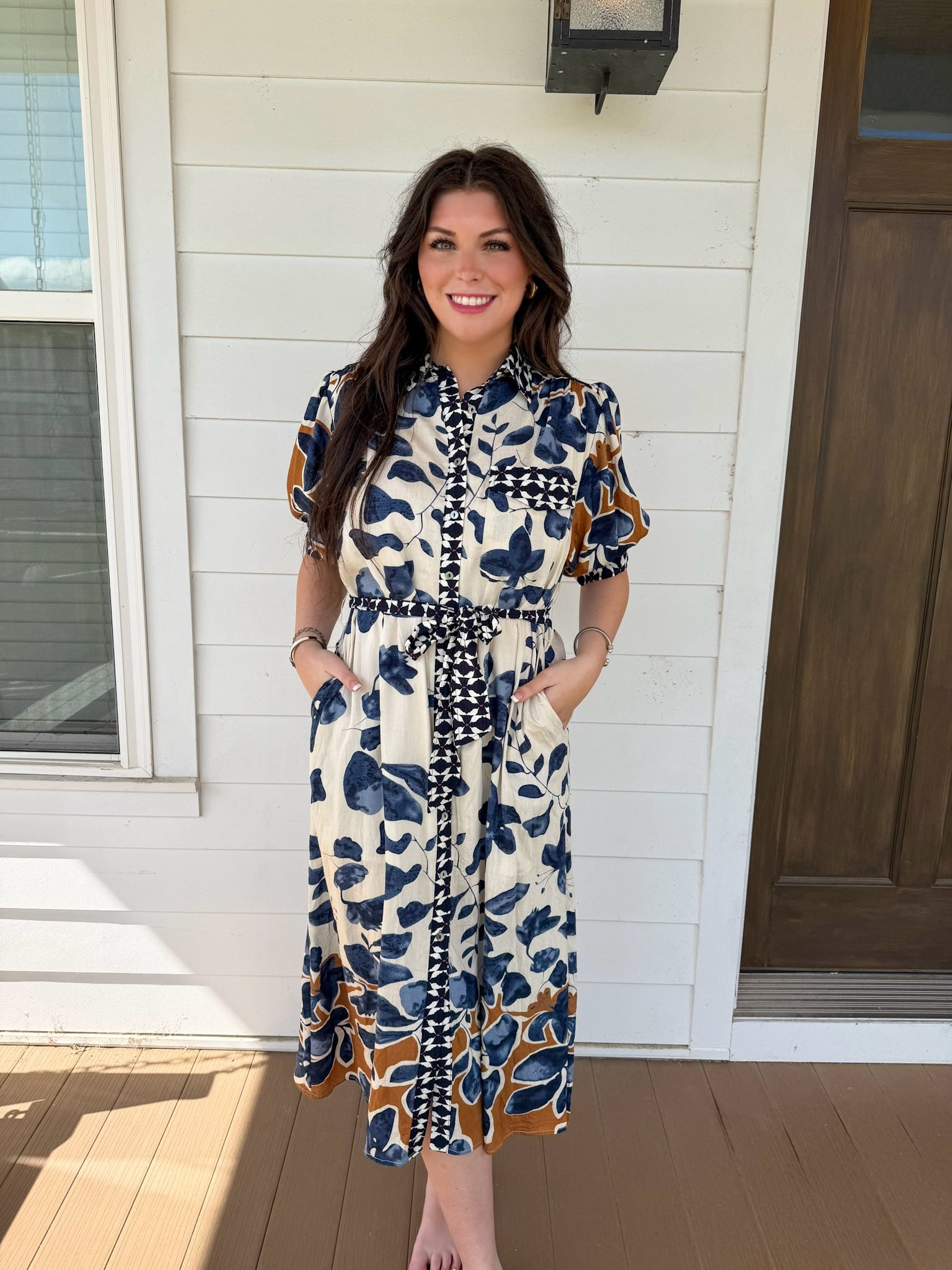 misses midi length dresses Slate Blue Multicolor Midi Dress – Miss Mooney's Boutique