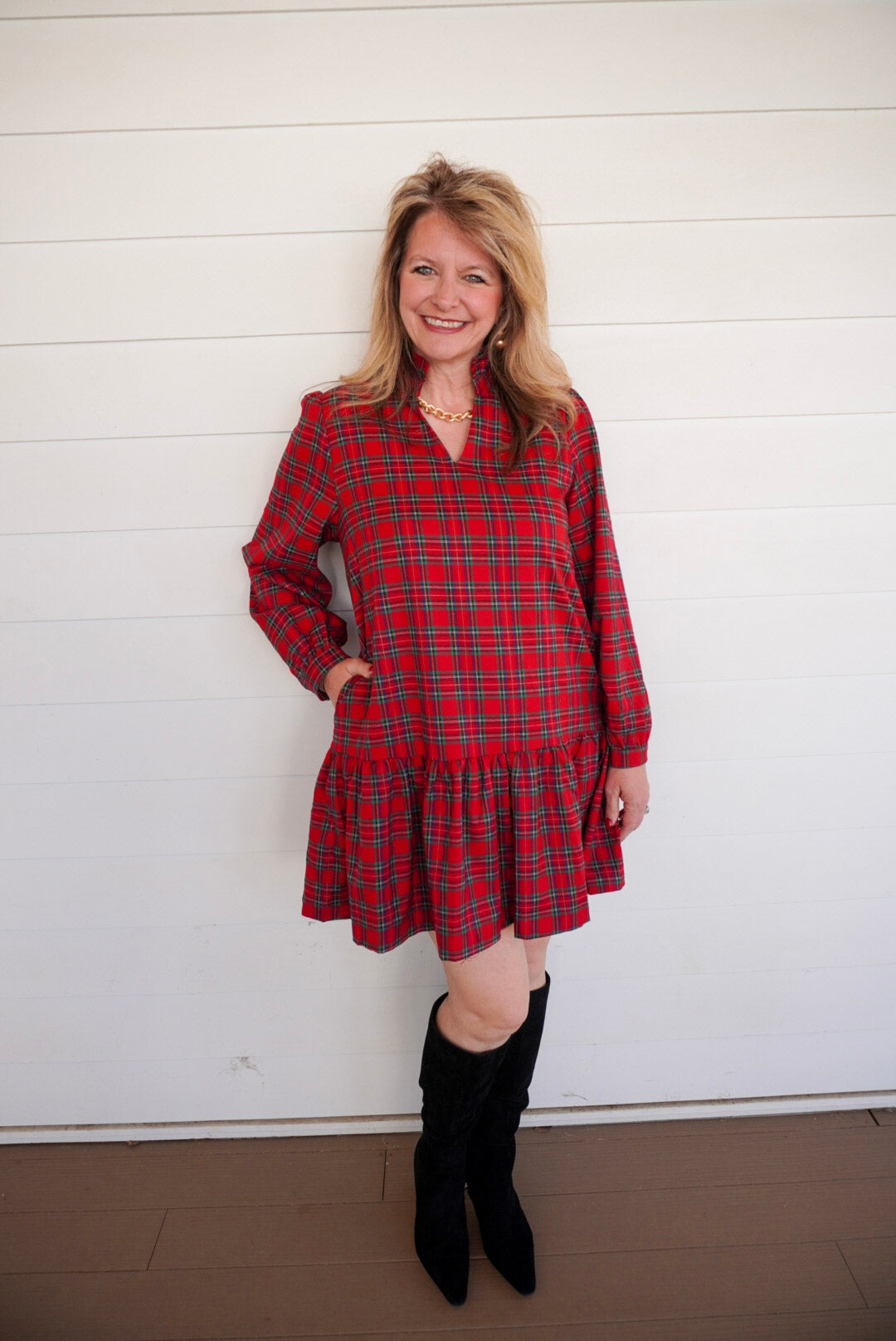 Red Plaid Long Sleeve Dress