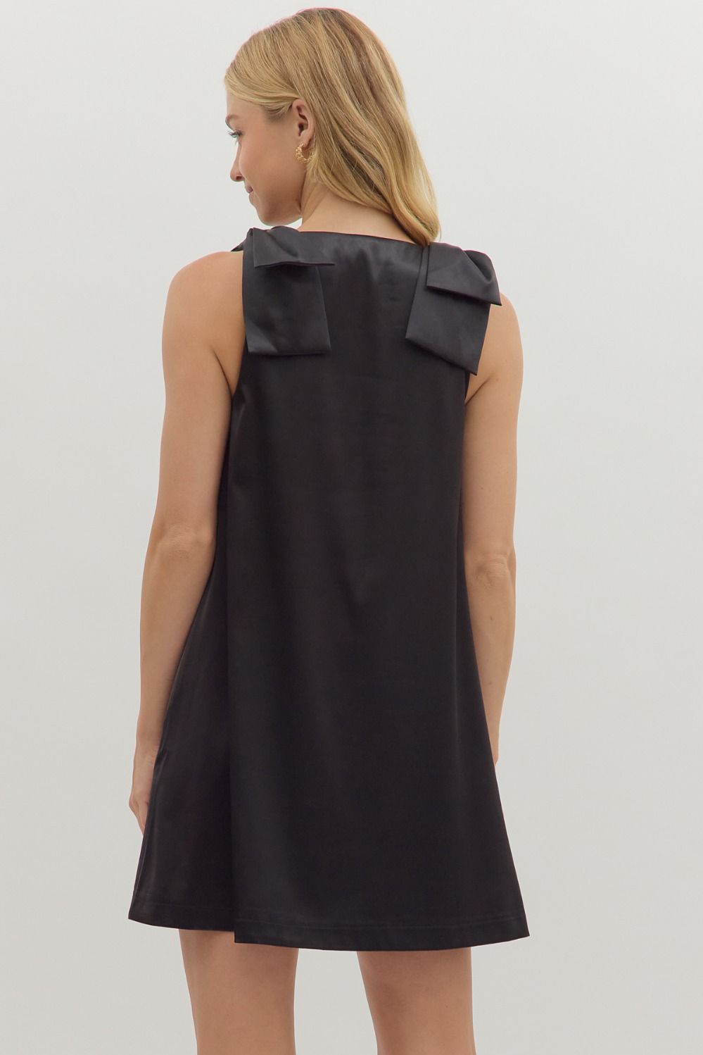 Bow Sleeve Heavy Satin Dress - Black