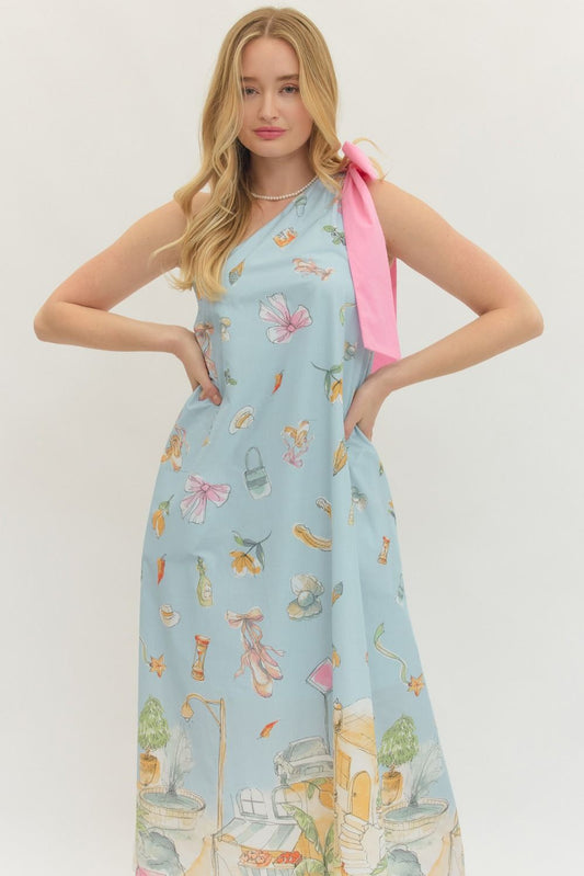 Blue Riviera Vibes One Shoulder Maxi Dress