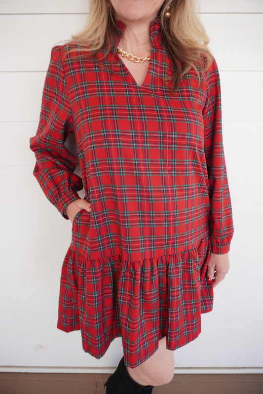 Red Plaid Long Sleeve Dress